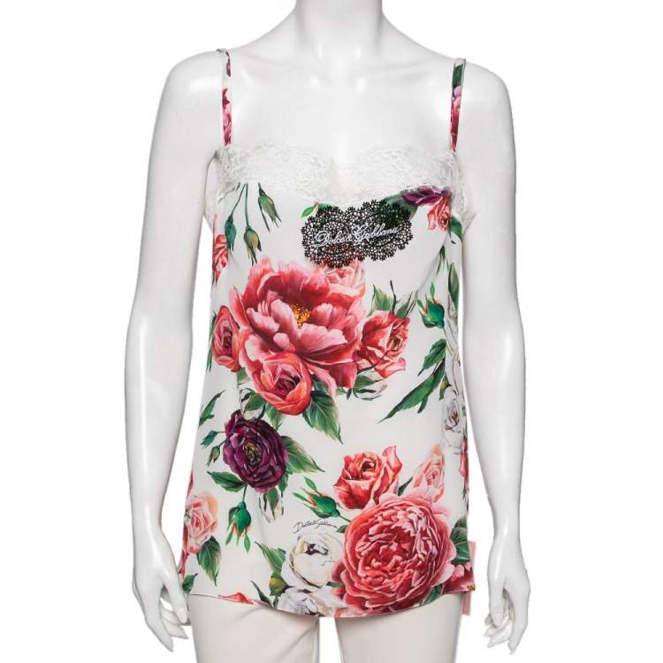 Pre Owned Dolce & Gabbana Multicolor Floral Printed Lace Trim Top M