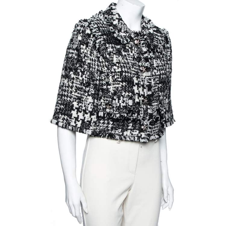 Pre Owned Dolce & Gabbana Monochrome Tweed Fringed Detail Button Front Cropped Blazer M