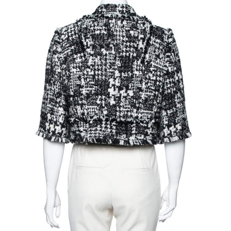 Pre Owned Dolce & Gabbana Monochrome Tweed Fringed Detail Button Front Cropped Blazer M