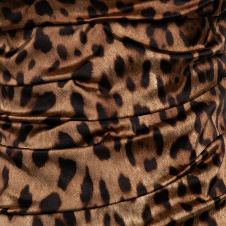 Pre Owned Dolce & Gabbana Brown Animal Printed Satin Ruched Sleeveless Mini Dress M