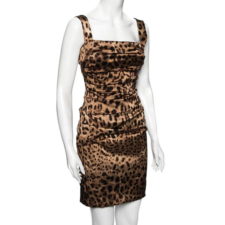 Pre Owned Dolce & Gabbana Brown Animal Printed Satin Ruched Sleeveless Mini Dress M