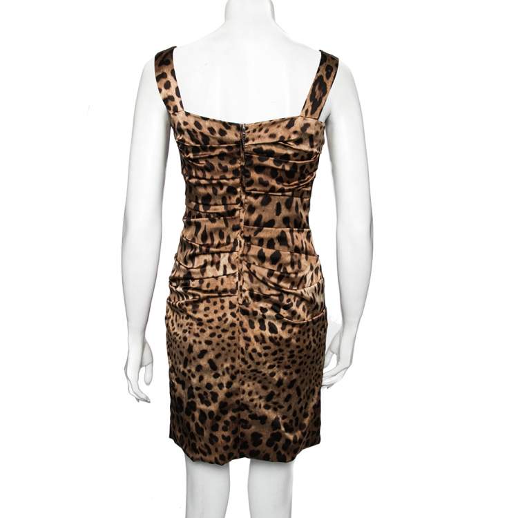 Pre Owned Dolce & Gabbana Brown Animal Printed Satin Ruched Sleeveless Mini Dress M