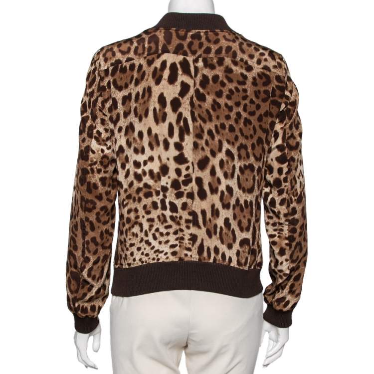 Pre Owned Dolce & Gabbana Brown Animal Printed Silk V-Neck Zip Front Bomber Jacket S