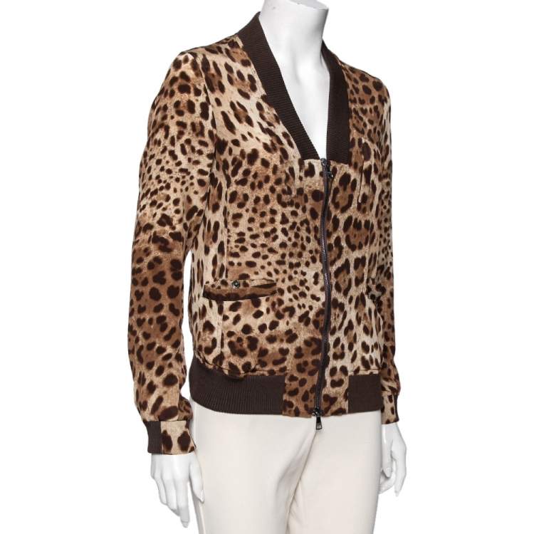 Pre Owned Dolce & Gabbana Brown Animal Printed Silk V-Neck Zip Front Bomber Jacket S