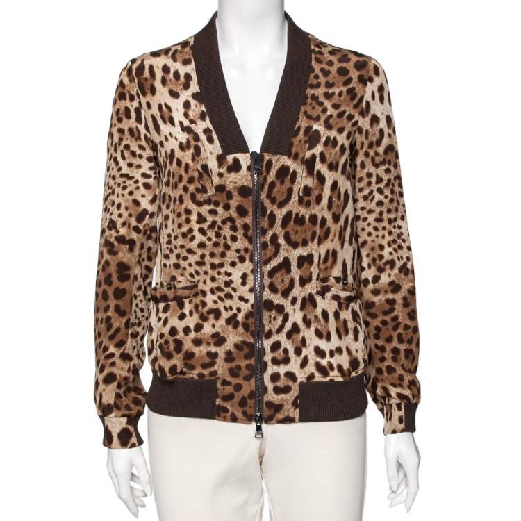 Pre Owned Dolce & Gabbana Brown Animal Printed Silk V-Neck Zip Front Bomber Jacket S
