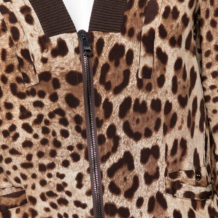Pre Owned Dolce & Gabbana Brown Animal Printed Silk V-Neck Zip Front Bomber Jacket S