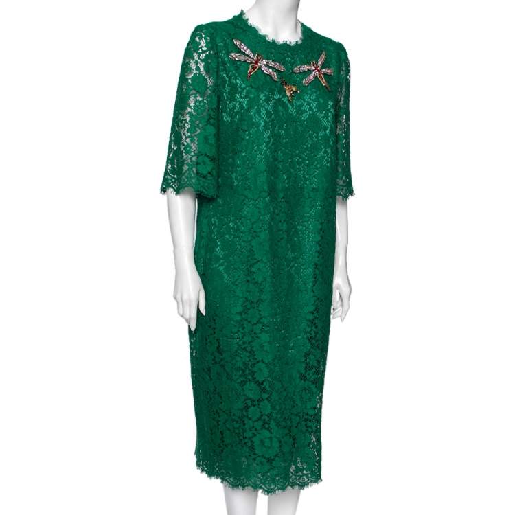 Pre Owned Dolce & Gabbana Green Lace Dragon Fly Embellished Midi Dress XL
