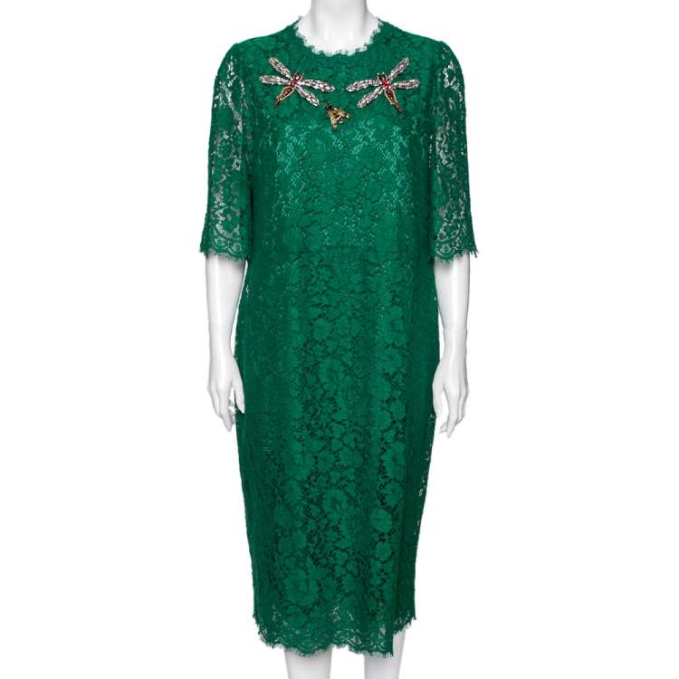 Pre Owned Dolce & Gabbana Green Lace Dragon Fly Embellished Midi Dress XL