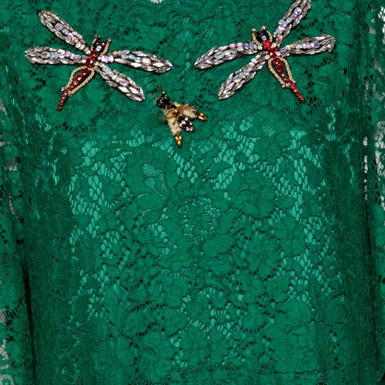Pre Owned Dolce & Gabbana Green Lace Dragon Fly Embellished Midi Dress XL