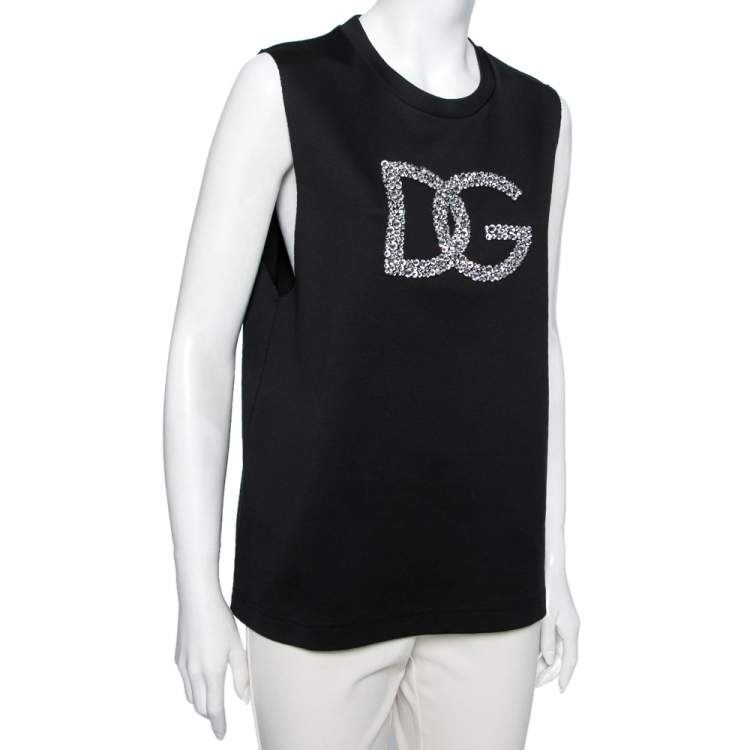 Pre Owned Dolce & Gabbana Black Cotton Crystal Embellished DG Sleeveless Top L