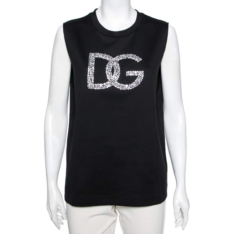 Pre Owned Dolce & Gabbana Black Cotton Crystal Embellished DG Sleeveless Top L