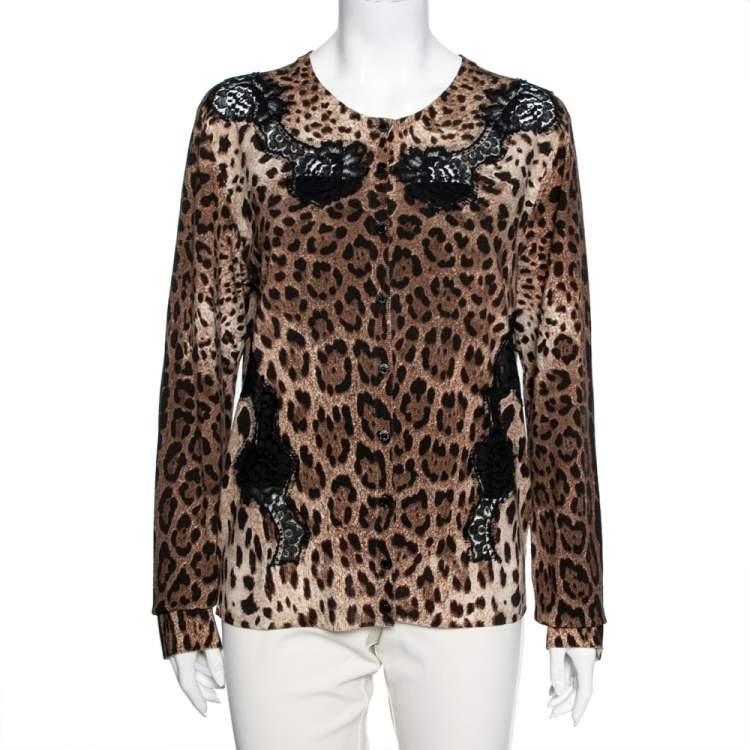 Pre Owned Dolce & Gabbana Brown Leopard Print Wool Lace Paneled Button Front Cardigan XL