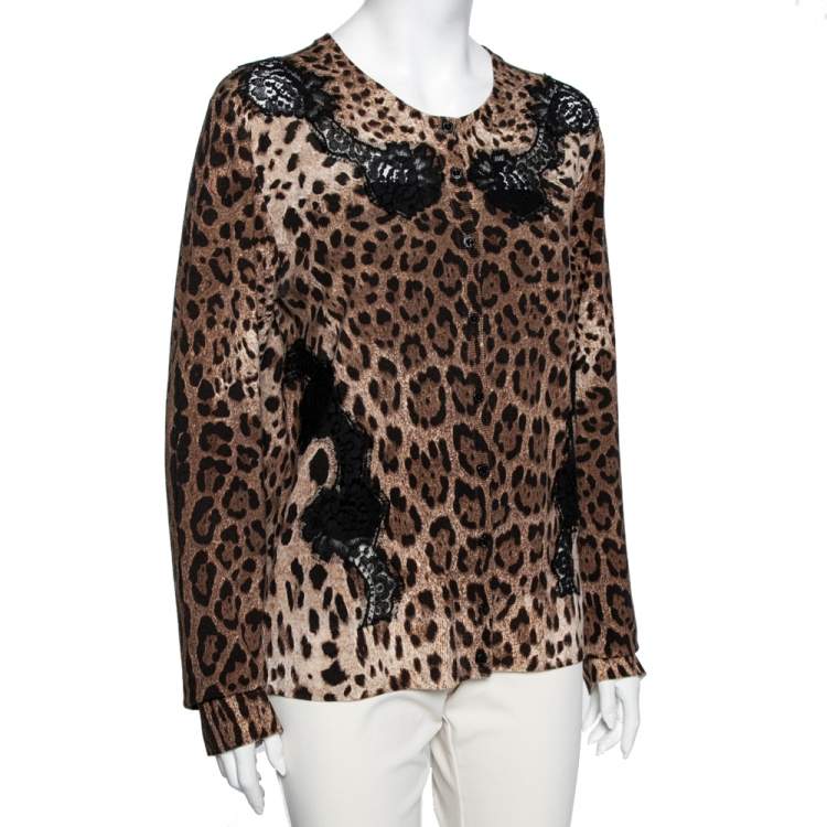 Pre Owned Dolce & Gabbana Brown Leopard Print Wool Lace Paneled Button Front Cardigan XL