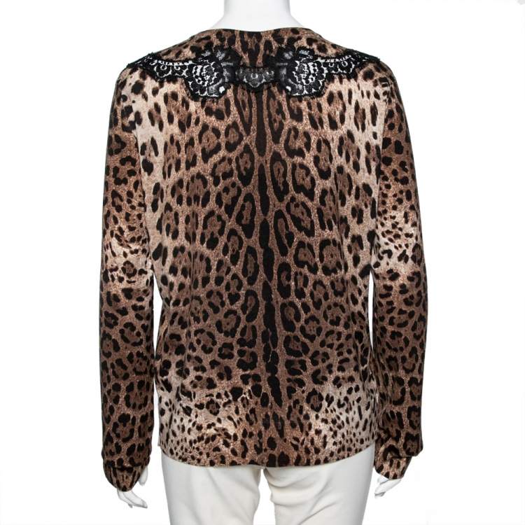 Pre Owned Dolce & Gabbana Brown Leopard Print Wool Lace Paneled Button Front Cardigan XL