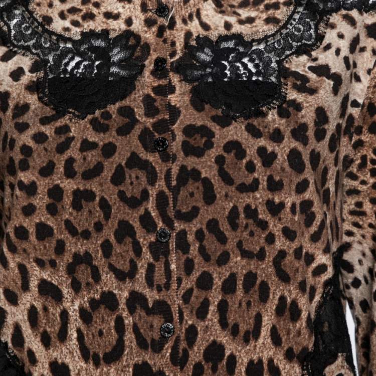 Pre Owned Dolce & Gabbana Brown Leopard Print Wool Lace Paneled Button Front Cardigan XL