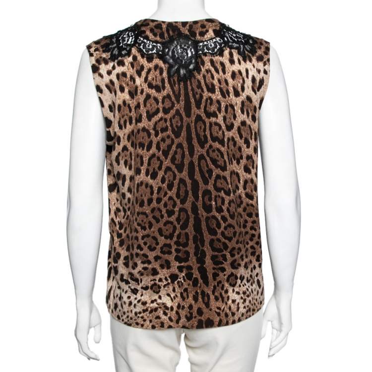 Pre Owned Dolce & Gabbana Brown Leopard Print Wool Lace Panel Sleeveless Top XL
