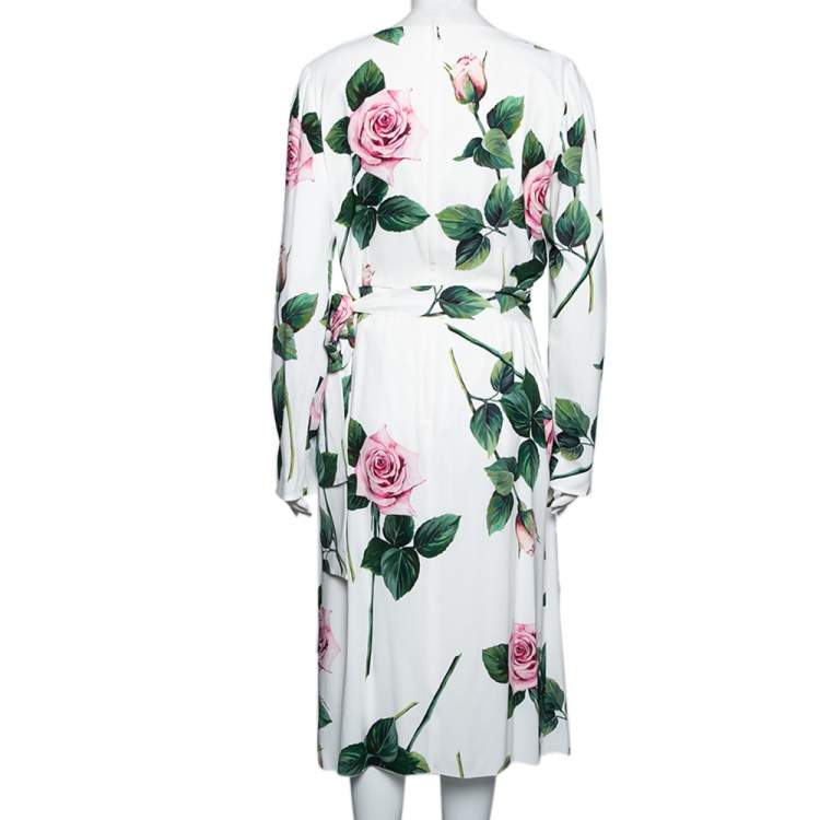 Pre Owned Dolce & Gabbana White Floral Printed Synthetic Side Pleated Dress XL