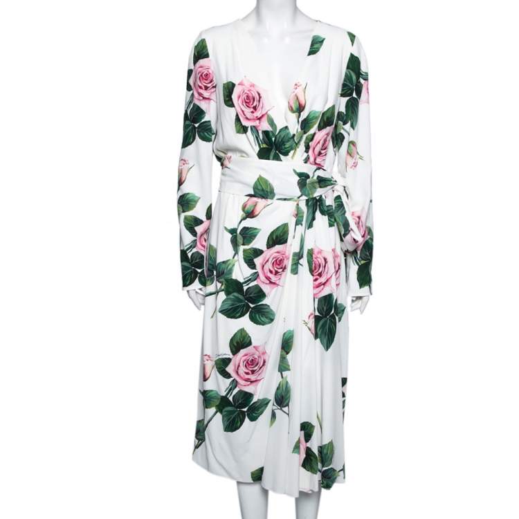 Pre Owned Dolce & Gabbana White Floral Printed Synthetic Side Pleated Dress XL