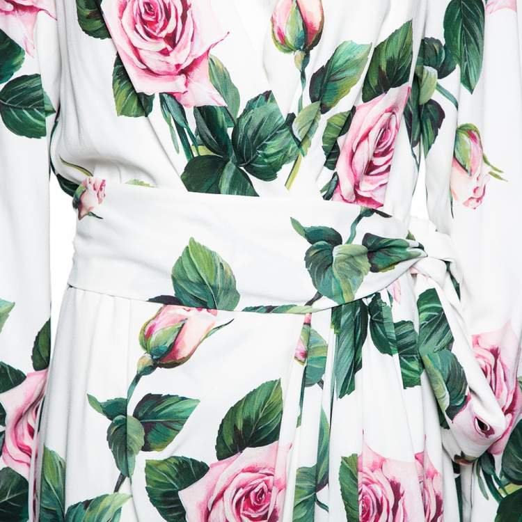 Pre Owned Dolce & Gabbana White Floral Printed Synthetic Side Pleated Dress XL