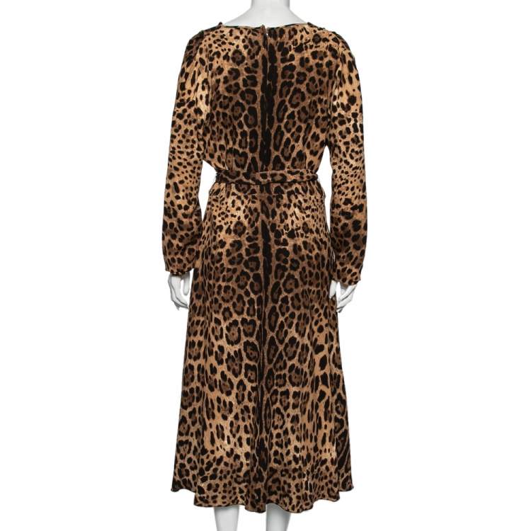 Pre Owned Dolce & Gabbana Brown Leopard Print Belted Slit Detailed Midi Dress XL
