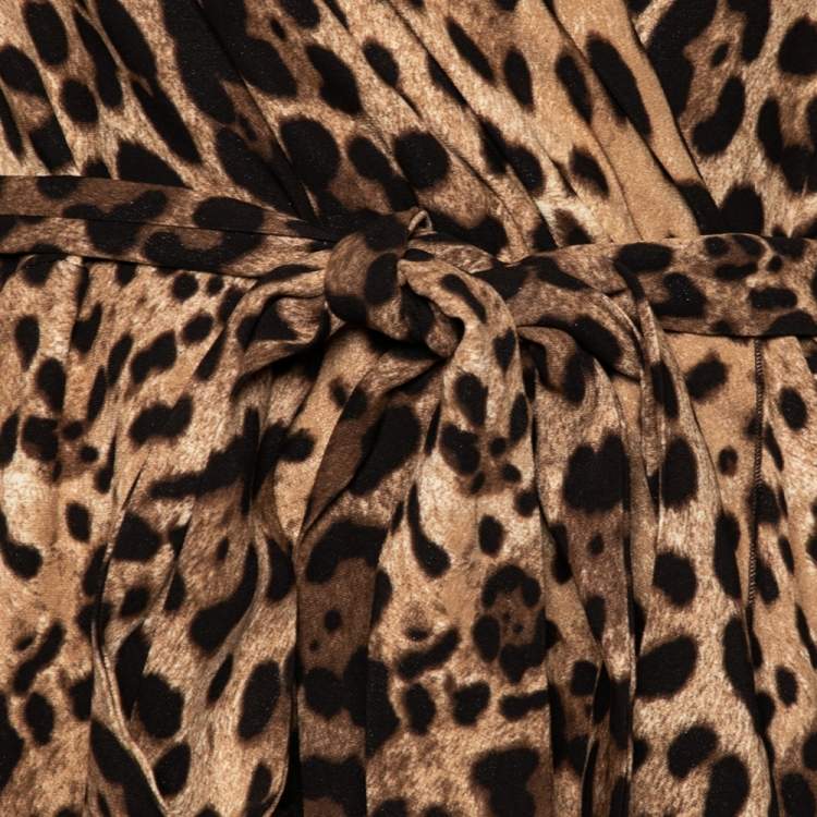 Pre Owned Dolce & Gabbana Brown Leopard Print Belted Slit Detailed Midi Dress XL