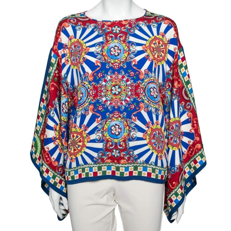 Pre Owned Dolce & Gabbana Multicolor Carretto Siciliano Print Silk Top M