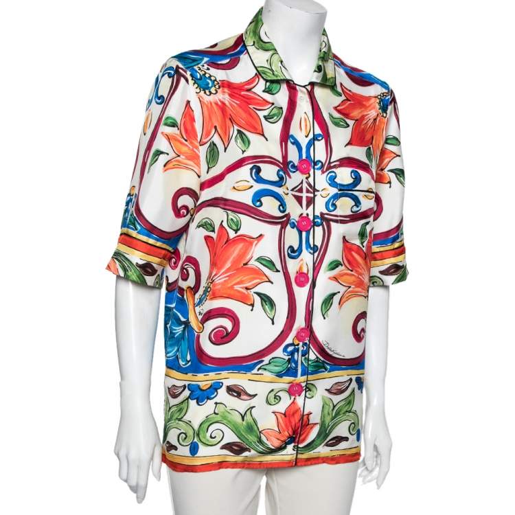 Pre Owned Dolce & Gabbana Multicolor Printed Silk Short Sleeve Shirt S 
