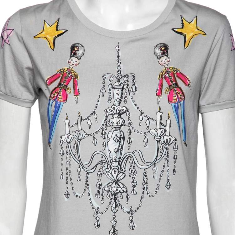 Pre Owned Dolce & Gabbana Grey Printed Cotton Crew Neck Short Sleeve Top M