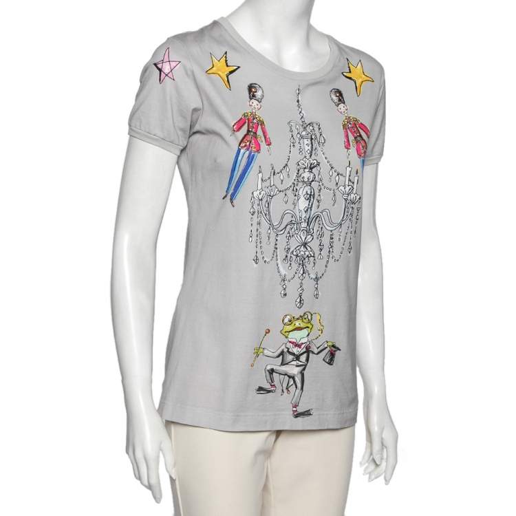 Pre Owned Dolce & Gabbana Grey Printed Cotton Crew Neck Short Sleeve Top M