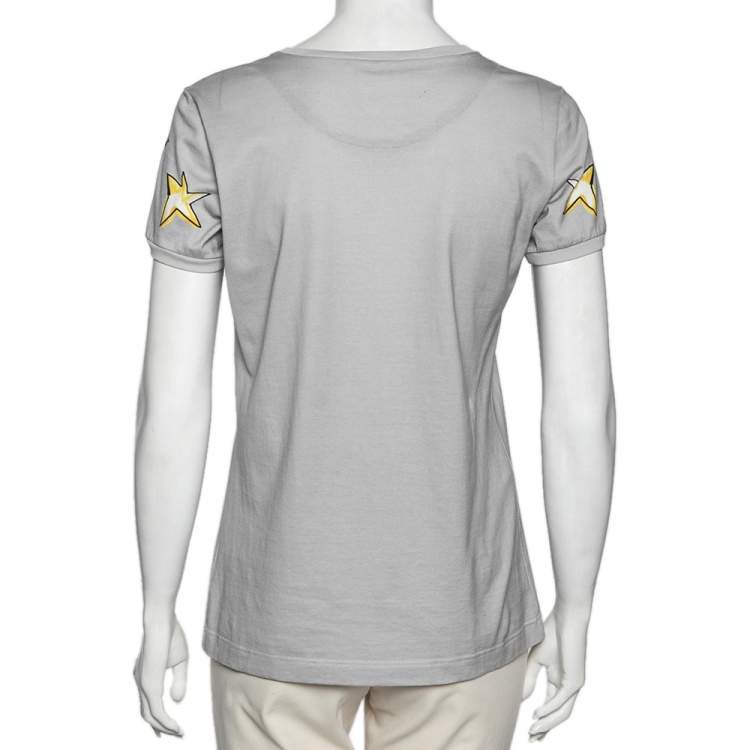 Pre Owned Dolce & Gabbana Grey Printed Cotton Crew Neck Short Sleeve Top M