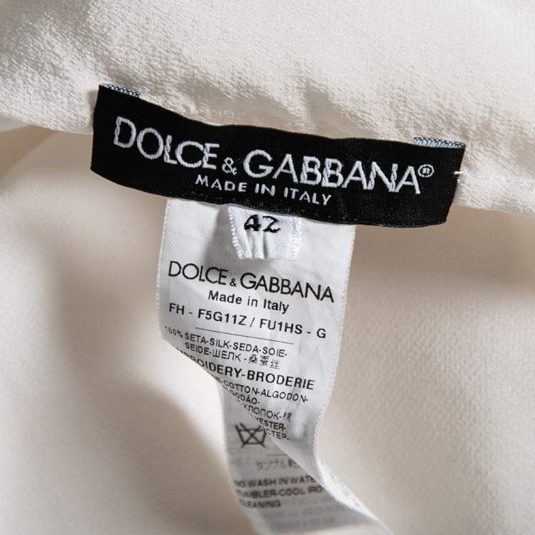 Pre Owned Dolce & Gabbana White Silk Floral Applique Front Bow Tie Blouse M