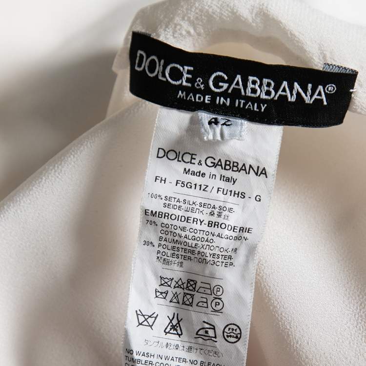 Pre Owned Dolce & Gabbana White Silk Floral Applique Front Bow Tie Blouse M
