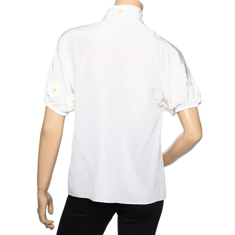 Pre Owned Dolce & Gabbana White Silk Floral Applique Front Bow Tie Blouse M