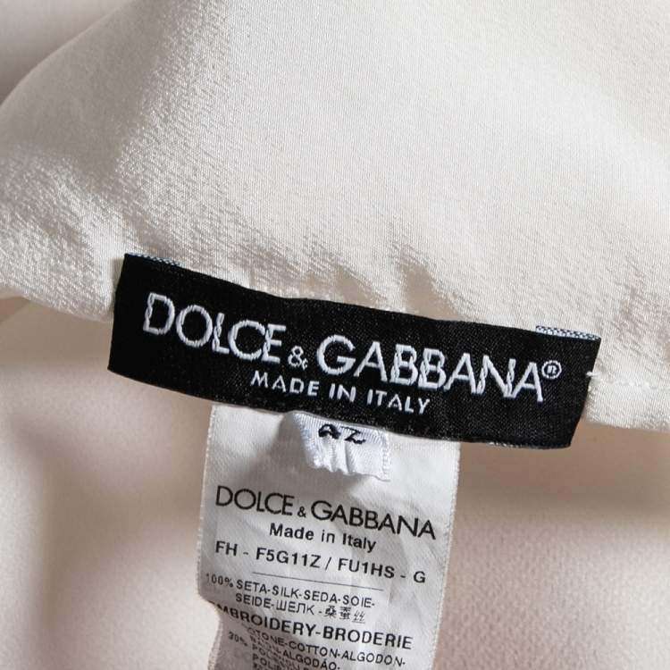 Pre Owned Dolce & Gabbana White Silk Floral Applique Front Bow Tie Blouse M