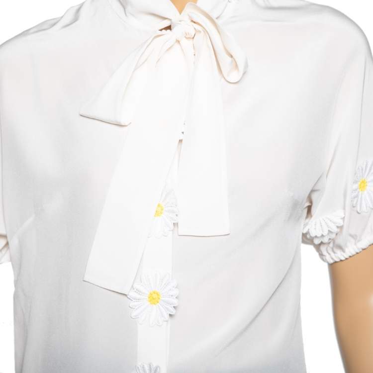 Pre Owned Dolce & Gabbana White Silk Floral Applique Front Bow Tie Blouse M