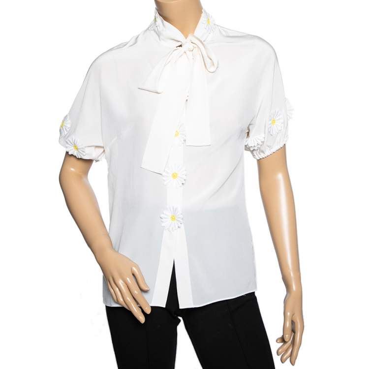 Pre Owned Dolce & Gabbana White Silk Floral Applique Front Bow Tie Blouse M