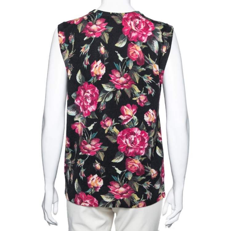 Pre Owned Dolce & Gabbana Black and Pink Rose Printed Cashmere Crew Neck Sleeveless Top M