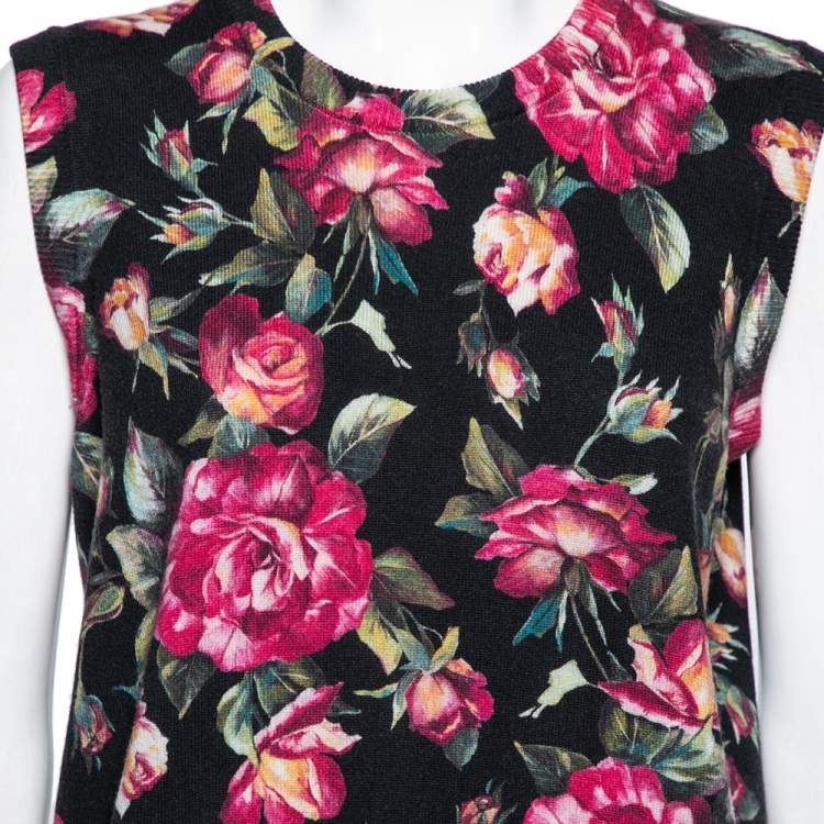 Pre Owned Dolce & Gabbana Black and Pink Rose Printed Cashmere Crew Neck Sleeveless Top M