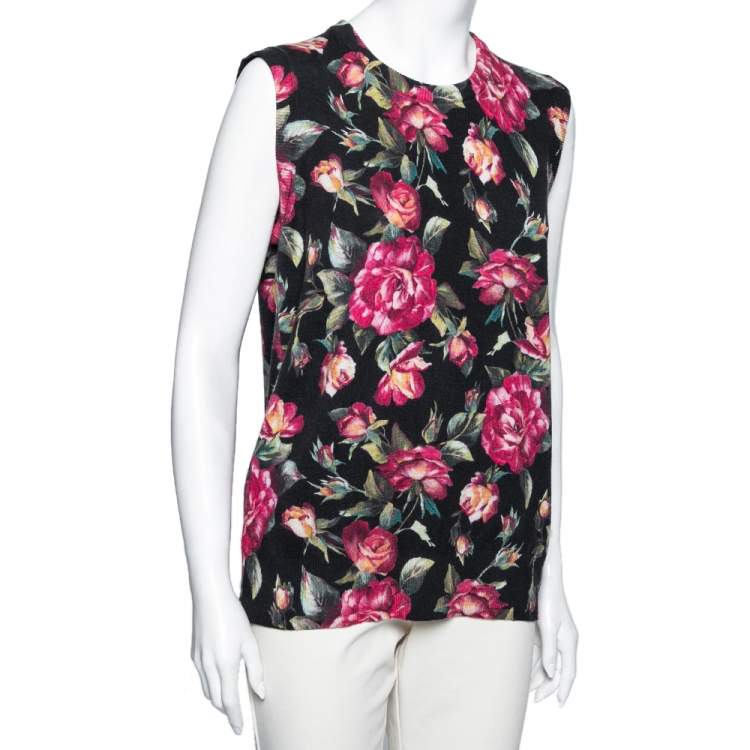 Pre Owned Dolce & Gabbana Black and Pink Rose Printed Cashmere Crew Neck Sleeveless Top M