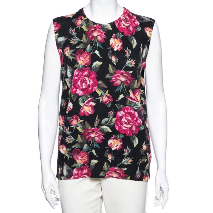 Pre Owned Dolce & Gabbana Black and Pink Rose Printed Cashmere Crew Neck Sleeveless Top M