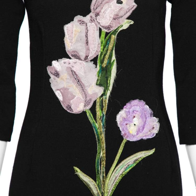 Pre Owned Dolce & Gabbana Black Wool Floral Embroidered Bodycon Slit Detailed Maxi Dress S
