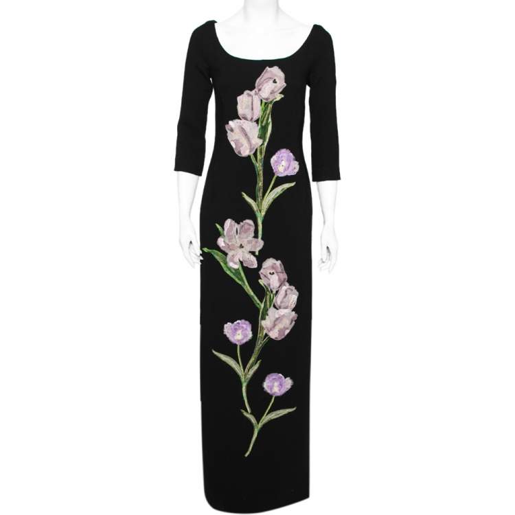 Pre Owned Dolce & Gabbana Black Wool Floral Embroidered Bodycon Slit Detailed Maxi Dress S