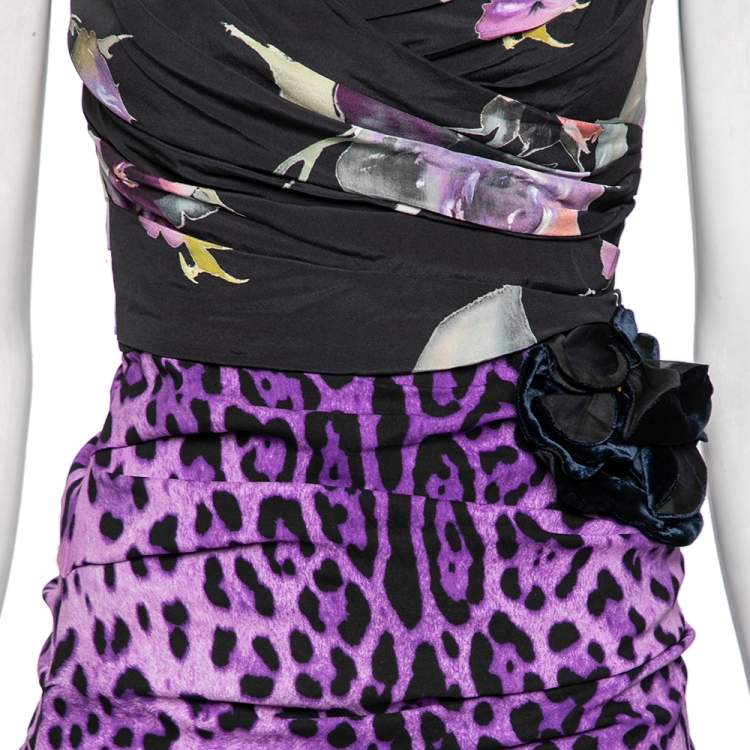 Pre Owned Dolce & Gabbana Purple and Black Leopard and Floral Printed Silk Ruched Midi Dress S