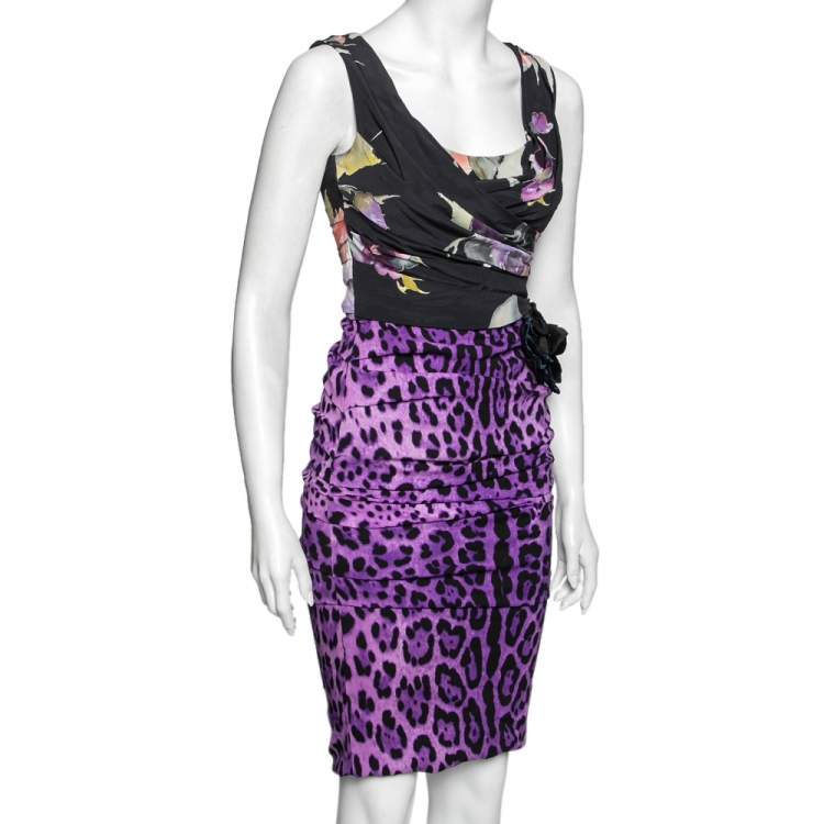 Pre Owned Dolce & Gabbana Purple and Black Leopard and Floral Printed Silk Ruched Midi Dress S