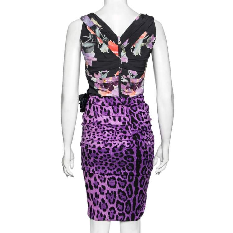 Pre Owned Dolce & Gabbana Purple and Black Leopard and Floral Printed Silk Ruched Midi Dress S