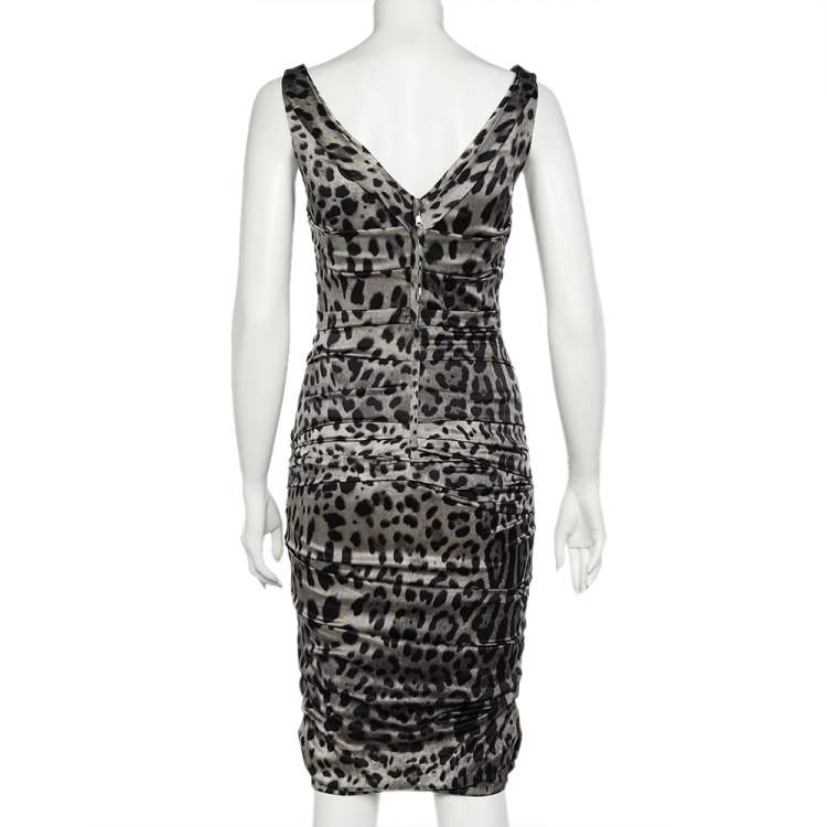 Pre Owned Dolce & Gabbana Grey Leopard Printed Silk Ruched Dress S