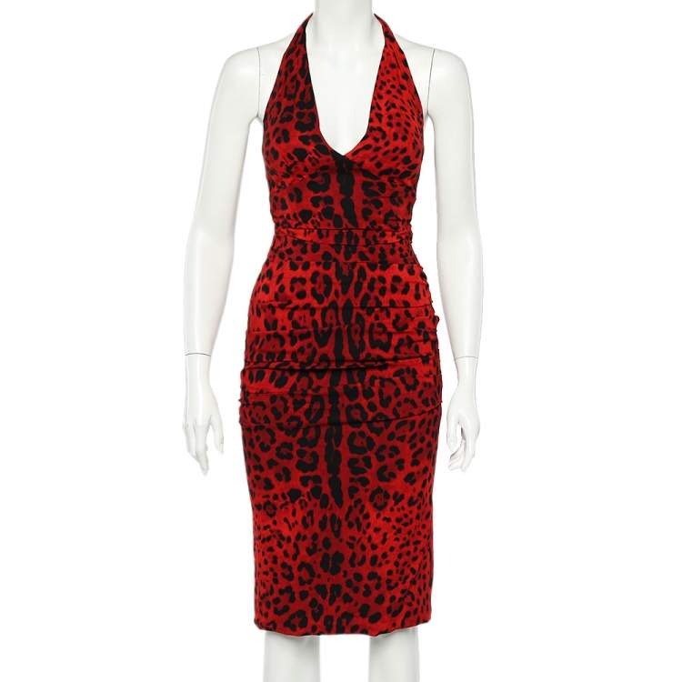 Pre Owned Dolce & Gabbana Red Leopard Printed Crepe Ruched Halterneck Dress S