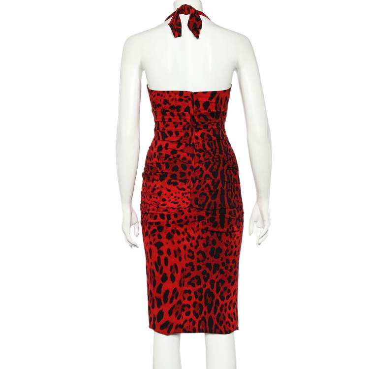 Pre Owned Dolce & Gabbana Red Leopard Printed Crepe Ruched Halterneck Dress S