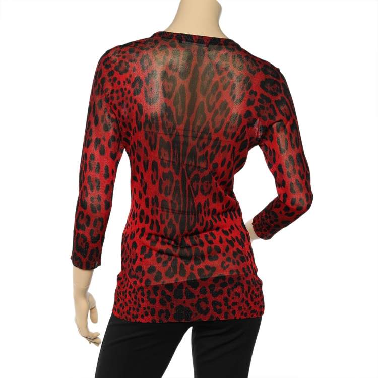 Pre Owned Dolce & Gabbana Red Leopard Printed Lurex Knit Cardigan M