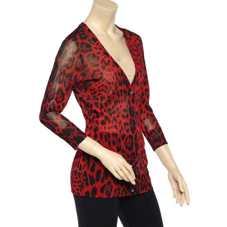 Pre Owned Dolce & Gabbana Red Leopard Printed Lurex Knit Cardigan M